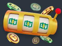 slot machine with Lucky Bits Vegas logo and coins behind it